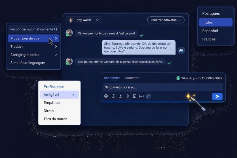 Interface de atendimento automatizado com opções de resposta automática, mudança de tom de voz, tradução e correção gramatical, simulando uma conversa sobre promoção de carros.